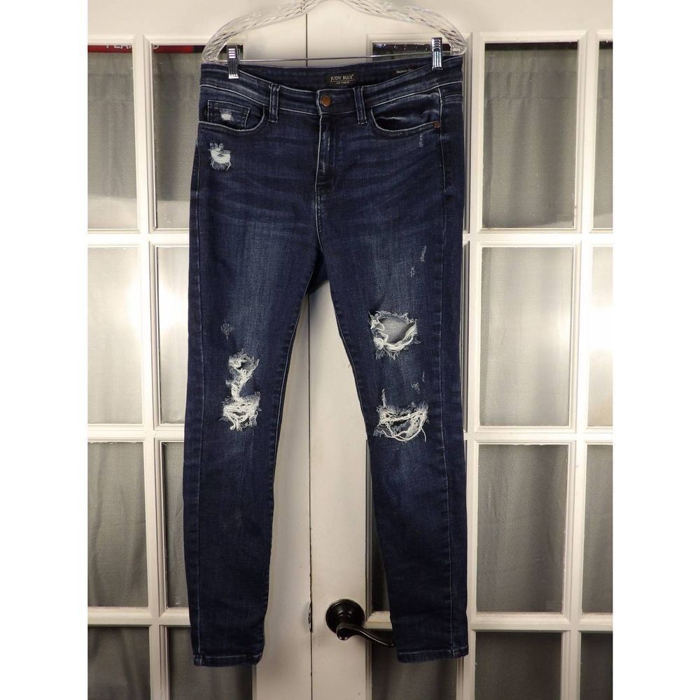 Judy Blue Womens Dark Wash Mid Rise Destroyed Skinny Fit Jeans 11/30 11 30